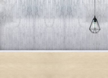 Yeni boş oturma odası iç dekorasyon ahşap zemin, taş duvar konsepti. Ev, ofis ve otel için dekoratif arka plan. 3B illüstrasyon