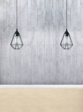 Yeni boş oturma odası iç dekorasyon ahşap zemin, taş duvar konsepti. Ev, ofis ve otel için dekoratif arka plan. 3B illüstrasyon