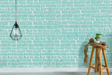 Yeni boş oturma odası iç dekorasyon ahşap zemin, taş duvar konsepti. Ev, ofis ve otel için dekoratif arka plan. 3B illüstrasyon