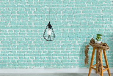 Yeni boş oturma odası iç dekorasyon ahşap zemin, taş duvar konsepti. Ev, ofis ve otel için dekoratif arka plan. 3B illüstrasyon