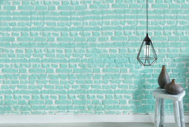 Yeni boş oturma odası iç dekorasyon ahşap zemin, taş duvar konsepti. Ev, ofis ve otel için dekoratif arka plan. 3B illüstrasyon