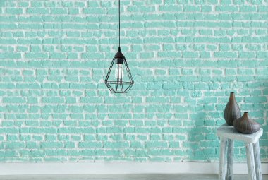 Yeni boş oturma odası iç dekorasyon ahşap zemin, taş duvar konsepti. Ev, ofis ve otel için dekoratif arka plan. 3B illüstrasyon