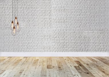 Parlak boş iç tasarım, dekoratif taş duvar. 3B illüstrasyon