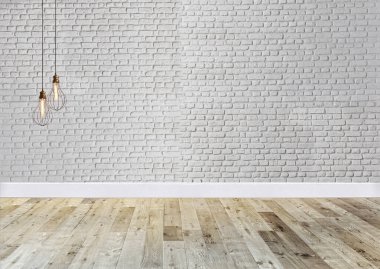 Parlak boş iç tasarım, dekoratif taş duvar. 3B illüstrasyon