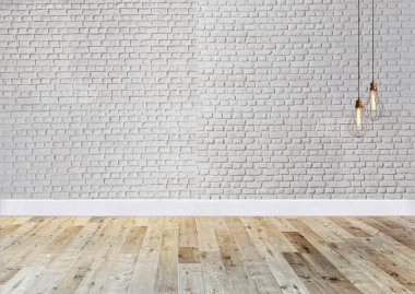 Parlak boş iç tasarım, dekoratif taş duvar. 3B illüstrasyon