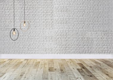 Parlak boş iç tasarım, dekoratif taş duvar. 3B illüstrasyon