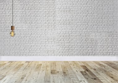 Parlak boş iç tasarım, dekoratif taş duvar. 3B illüstrasyon