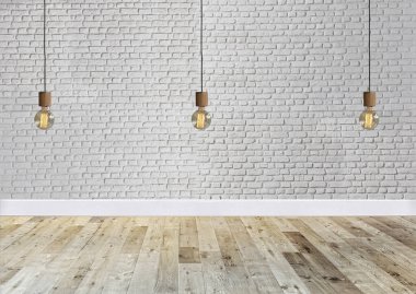 Parlak boş iç tasarım, dekoratif taş duvar. 3B illüstrasyon