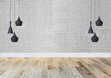 Ahşap zemini ve dekoratif taş duvarı olan boş bir iç tasarım. 3B illüstrasyon