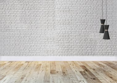 Ahşap zemini ve dekoratif taş duvarı olan boş bir iç tasarım. 3B illüstrasyon