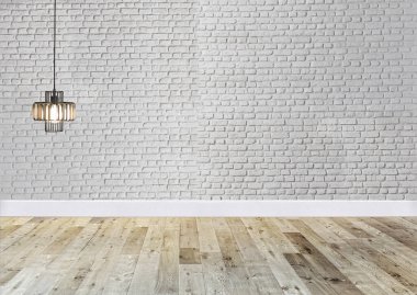 Ahşap zemini ve dekoratif taş duvarı olan boş bir iç tasarım. 3B illüstrasyon