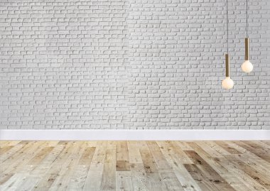 Yeni boş oturma odası iç dekorasyon ahşap zemin, taş duvar konsepti. Ev, ofis ve otel için dekoratif arka plan. 3B illüstrasyon