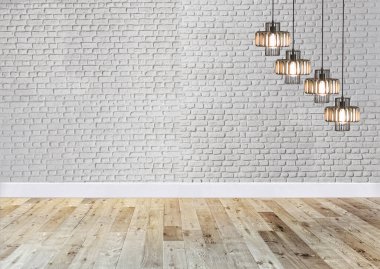 Yeni boş oturma odası iç dekorasyon ahşap zemin, taş duvar konsepti. Ev, ofis ve otel için dekoratif arka plan. 3B illüstrasyon