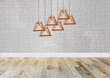 Yeni boş oturma odası iç dekorasyon ahşap zemin, taş duvar konsepti. Ev, ofis ve otel için dekoratif arka plan. 3B illüstrasyon