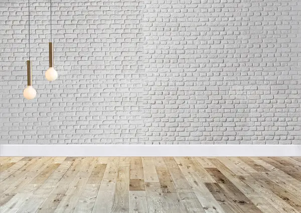 木製の床と装飾的な石の壁と空のインテリアデザイン 3Dイラスト — ストック写真