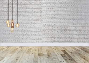 Beyaz tuğladan duvar iç mimarisi ev, ofis, otel ve yatak odası için modern lamba tasarımı. 3B illüstrasyon