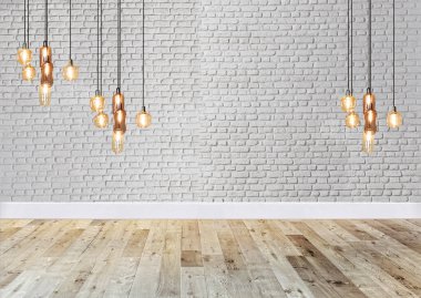 Beyaz tuğladan duvar iç mimarisi ev, ofis, otel ve yatak odası için modern lamba tasarımı. 3B illüstrasyon