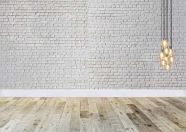 Beyaz tuğladan duvar iç mimarisi ev, ofis, otel ve yatak odası için modern lamba tasarımı. 3B illüstrasyon