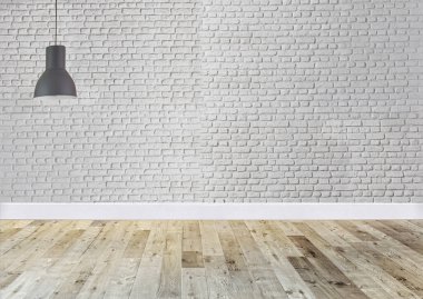 Beyaz tuğladan duvar iç mimarisi ev, ofis, otel ve yatak odası için modern lamba tasarımı. 3B illüstrasyon