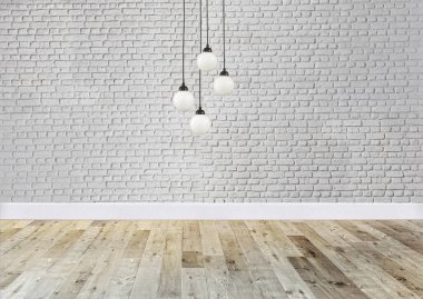 Beyaz tuğladan duvar iç mimarisi ev, ofis, otel ve yatak odası için modern lamba tasarımı. 3B illüstrasyon
