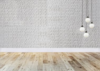 Beyaz tuğladan duvar iç mimarisi ev, ofis, otel ve yatak odası için modern lamba tasarımı. 3B illüstrasyon