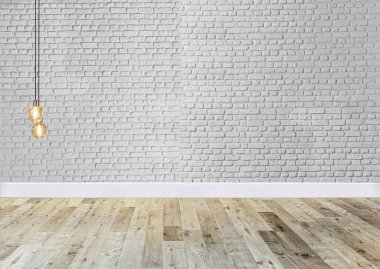 Beyaz tuğladan duvar iç mimarisi ev, ofis, otel ve yatak odası için modern lamba tasarımı. 3B illüstrasyon
