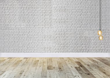 Parlak boş iç tasarım, dekoratif taş duvar. 3B illüstrasyon