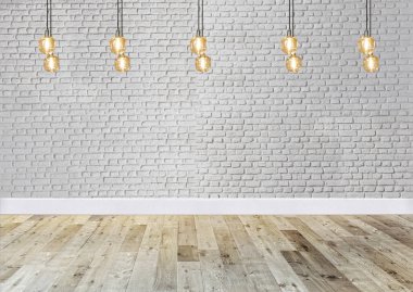 Parlak boş iç tasarım, dekoratif taş duvar. 3B illüstrasyon