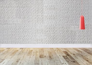 Parlak boş iç tasarım, dekoratif taş duvar. 3B illüstrasyon