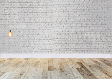 Parlak boş iç tasarım, dekoratif taş duvar. 3B illüstrasyon