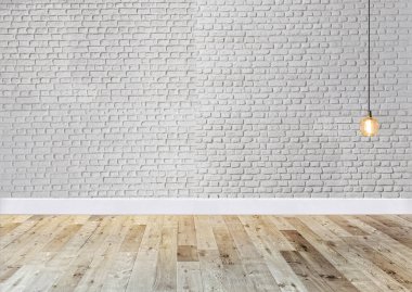 Parlak boş iç tasarım, dekoratif taş duvar. 3B illüstrasyon