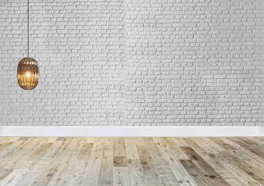 Parlak boş iç tasarım, dekoratif taş duvar. 3B illüstrasyon