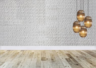 Parlak boş iç tasarım, dekoratif taş duvar. 3B illüstrasyon