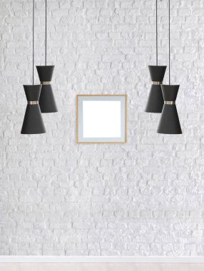 Ahşap zemini ve dekoratif taş duvarı olan boş bir iç tasarım. 3B illüstrasyon