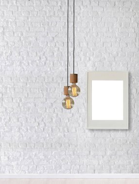 Ahşap zemini ve dekoratif taş duvarı olan boş bir iç tasarım. 3B illüstrasyon