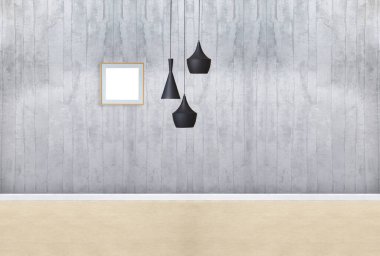 Parlak boş iç tasarım, taş duvar. 3B illüstrasyon