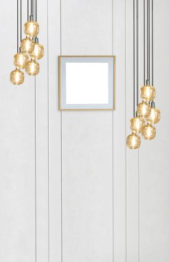 Ev, ofis, otel ve yatak odası için taş duvar iç tasarımı modern lamba. 3B illüstrasyon