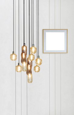 Ev, ofis, otel ve yatak odası için taş duvar iç tasarımı modern lamba. 3B illüstrasyon