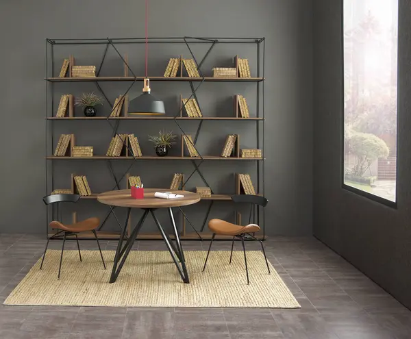Table and chair bookshelf in modern interior of room