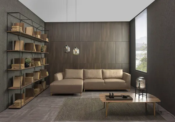 有棕色扶手椅的客厅和家庭办公室的现代室内设计 图库图片