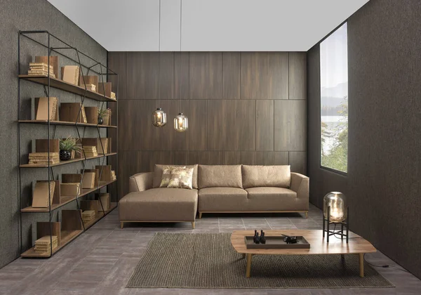 有棕色扶手椅的客厅和家庭办公室的现代室内设计 图库照片