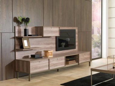 Modern oturma odası iç tasarım ve televizyon ünitesi