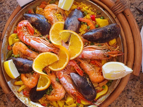 Classic Dish Spain Seafood Paella Traditional Pan Rustic Blue Concrete — Stock Photo, Image