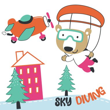 Paraşütle uçan sevimli küçük bir ayının temsili. Çizgi film tarzında. Kumaş tekstil, çocuk odası duvar kağıdı, poster, kart, vektör illüstrasyonu için yaratıcı vektör çocuksu arka plan