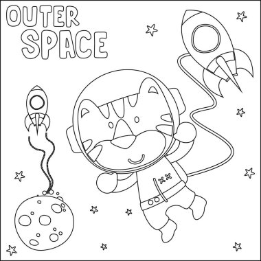 Tatlı astronotların vektör çizimi uzayda küçük kaplan, çocuk aktivite kitabı ya da sayfa boyama için çocuksu tasarım..