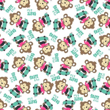 Tekstil, kreş, bebek kıyafetleri, arka plan, tekstil, ambalaj kağıdı ve diğer dekorasyonlar için kaykay tahtasında şirin küçük bir maymunla kusursuz desen..