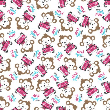 Mavi arabayı kullanan komik maymunun kusursuz deseni. Tişört baskısı, kumaş tekstili, çocuk odası duvar kâğıdı ve diğer dekorasyonlar için yaratıcı vektör çocuksu arka plan için kullanılabilir.