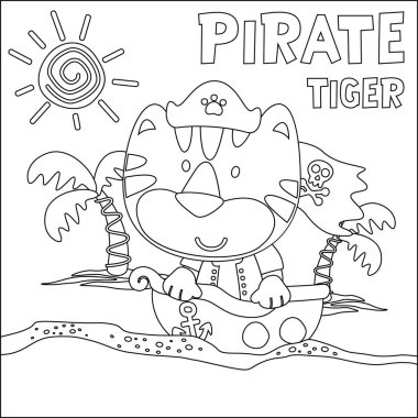 Hazine sandığı olan komik kaplan korsanının vektör çizimi, çocuk aktivite kitabı ya da sayfa boyama.