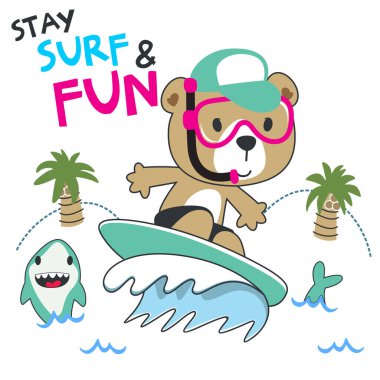 Yazın şirin küçük bir ayıyla sörf yapmak. Tişört baskısı için, çocuklar moda tasarımları, bebek partisi davetiyeleri ve diğer dekorasyonlar için kullanılabilir.