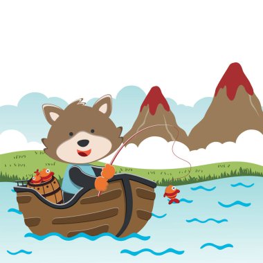 Çizgi film stiliyle yelkenlide balık tutan sevimli ayı resimlerinin vektör çizimi. Tişört baskısı için, çocuklar moda tasarımı, kumaş tekstil, çocuk odası duvar kağıdı ve poster için kullanılabilir..